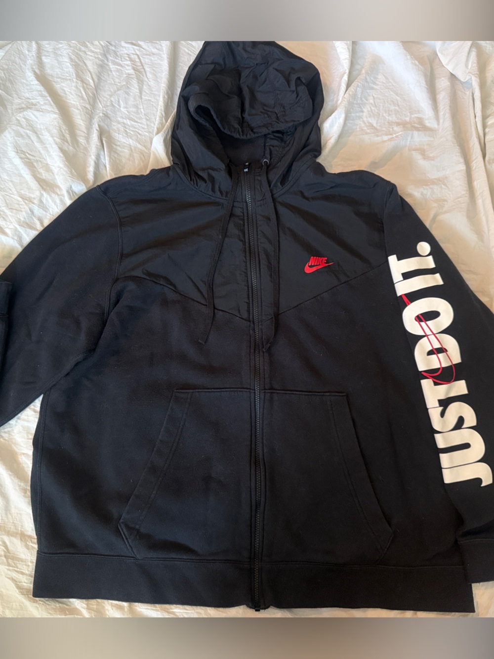 Nike Black Hoodie with White "JUST DO IT." and Red Swoosh